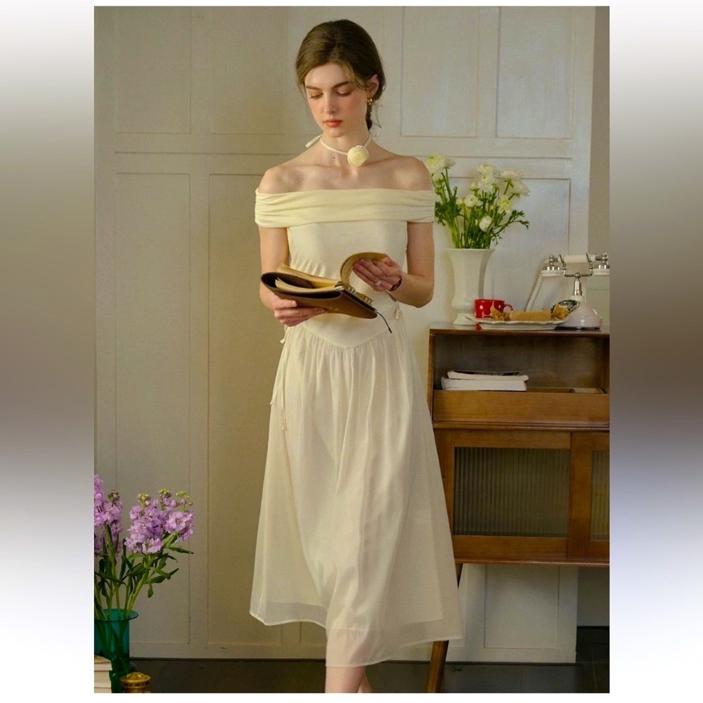 Simple Retro Pale Yellow off the shoulder Midi Dress